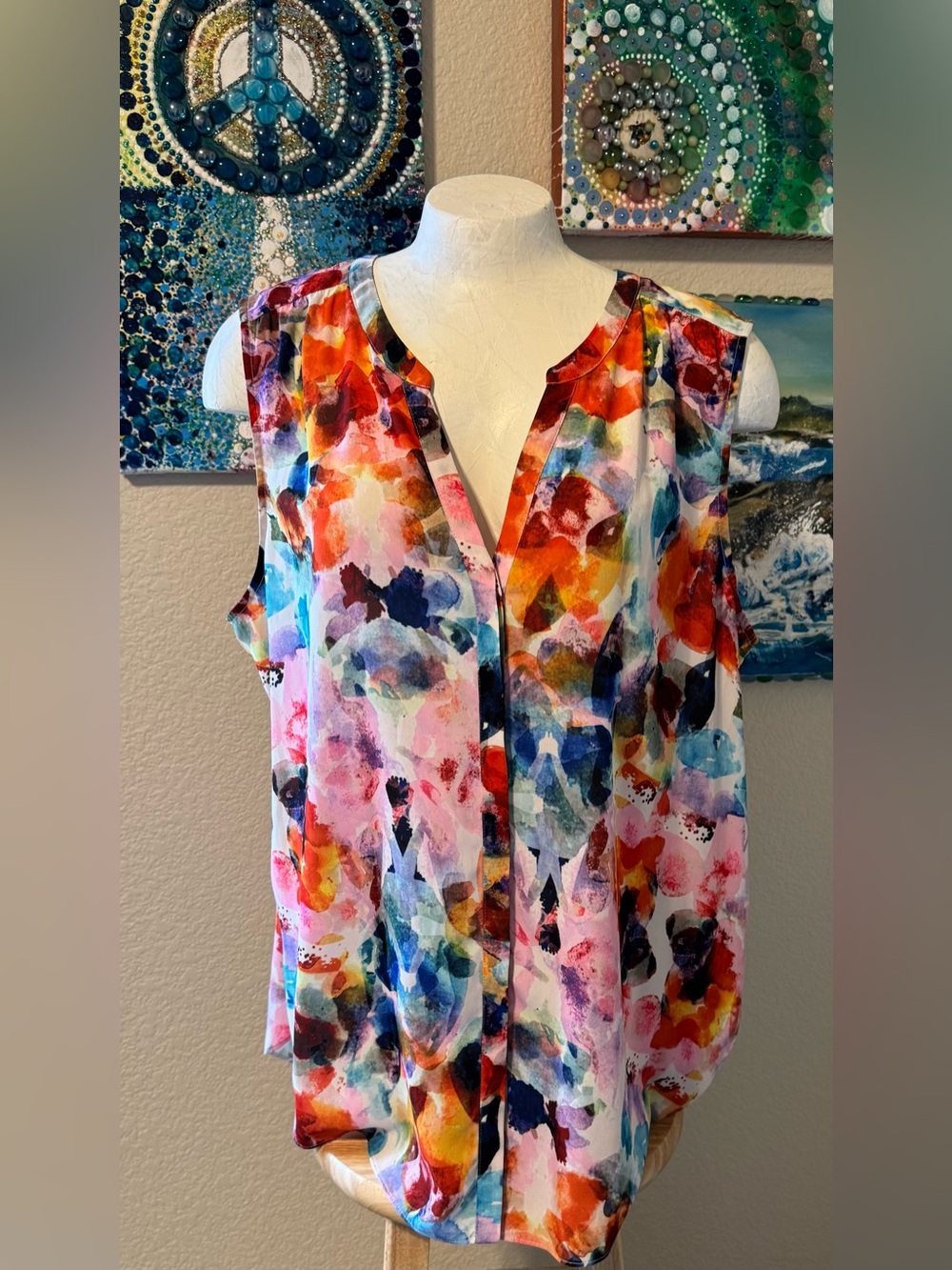 Sleeveless Multicolor Watercolor Print Blouse - Women Tops